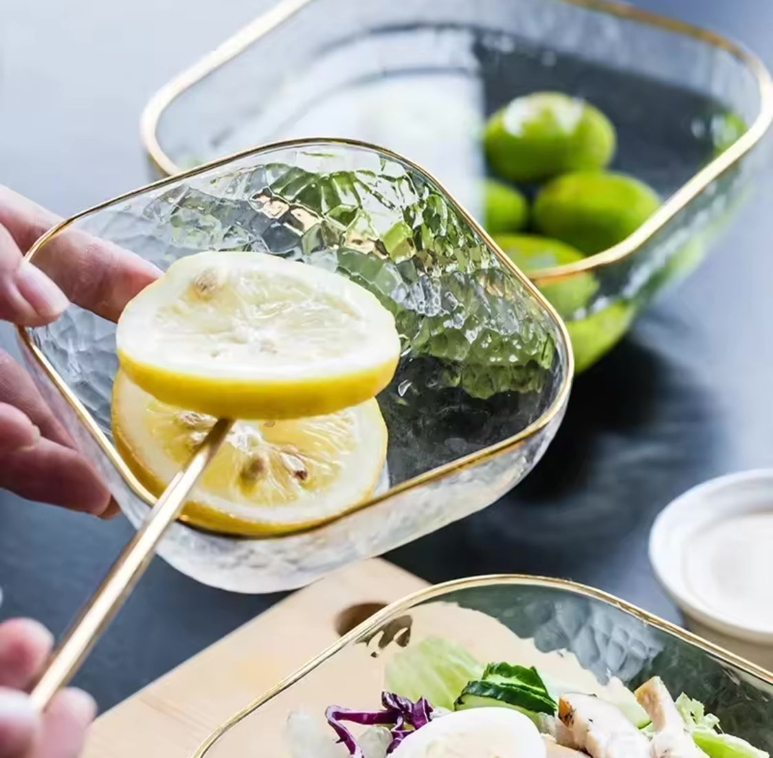 Nordic Golden Border Salad Bowl, Transparent Glass Fruit Plate, Dessert Round Square Bowl Nordic Golden Border Salad Bowl, Transparent Glass Fruit Plate, Dessert Round Square Bowl